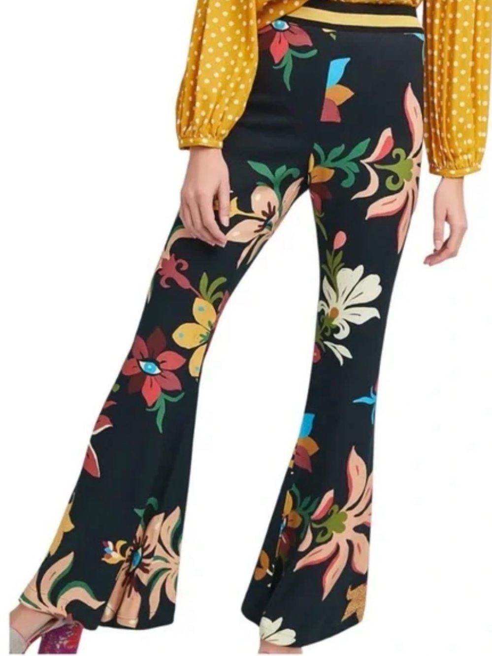 FARM Rio Black Floral Flare Pants with Multicolor Blooms - Picture 1 of 4